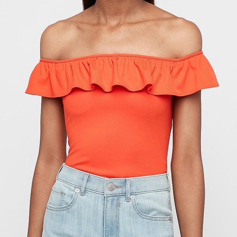 Express off-shoulder ruffle Ribbed Red Bodysuit